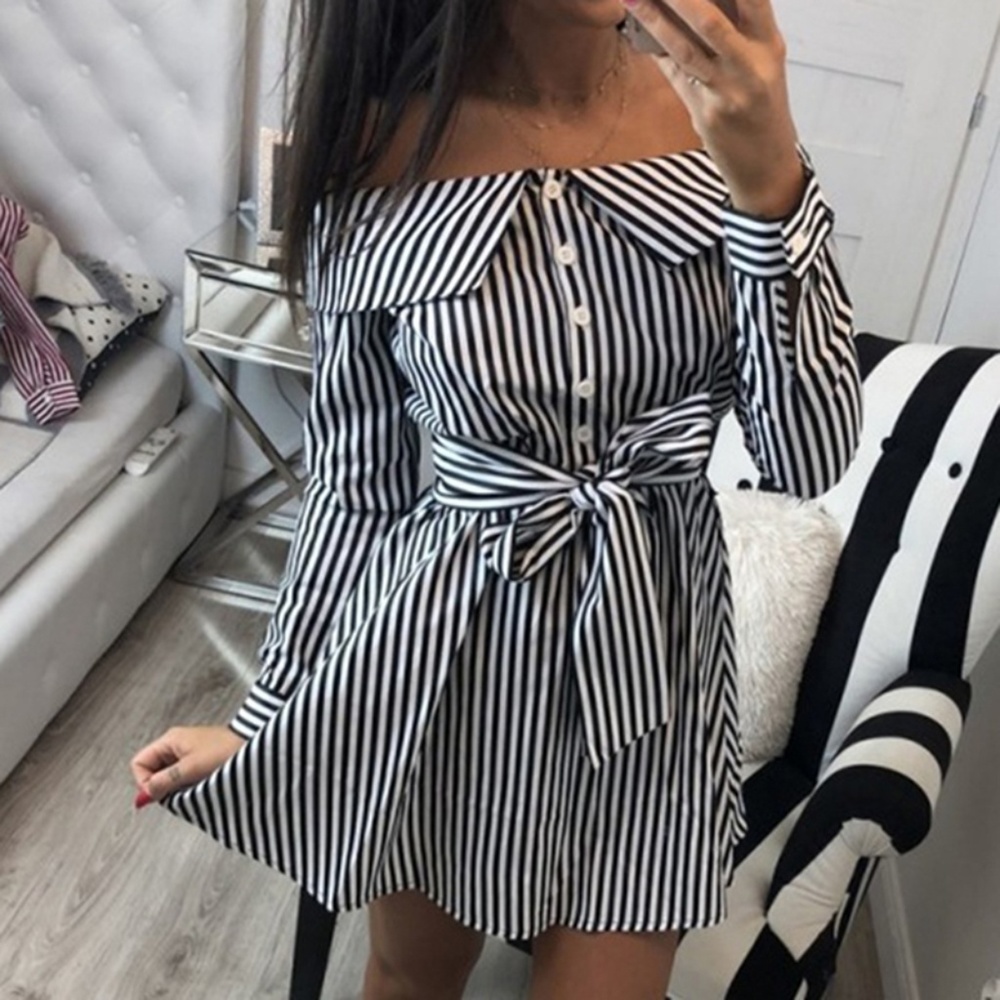 Chic Off Shoulder Striped Waist Tie Shirt Dress - Picture 1 of 3